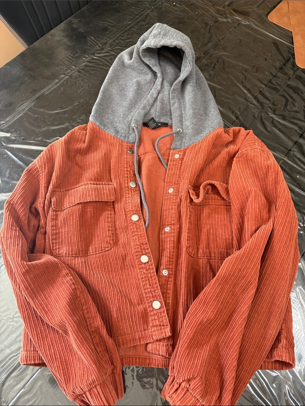 Forever 21 Corduroy Shirt Jacket with Gray Hood - Rust